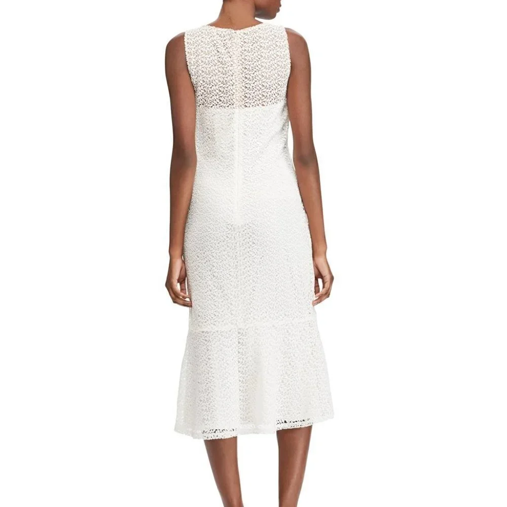 Lauren Ralph Lauren Dress Floral Lace Yoke Midi in White & Wheat Sz 2 - Picture 2 of 10